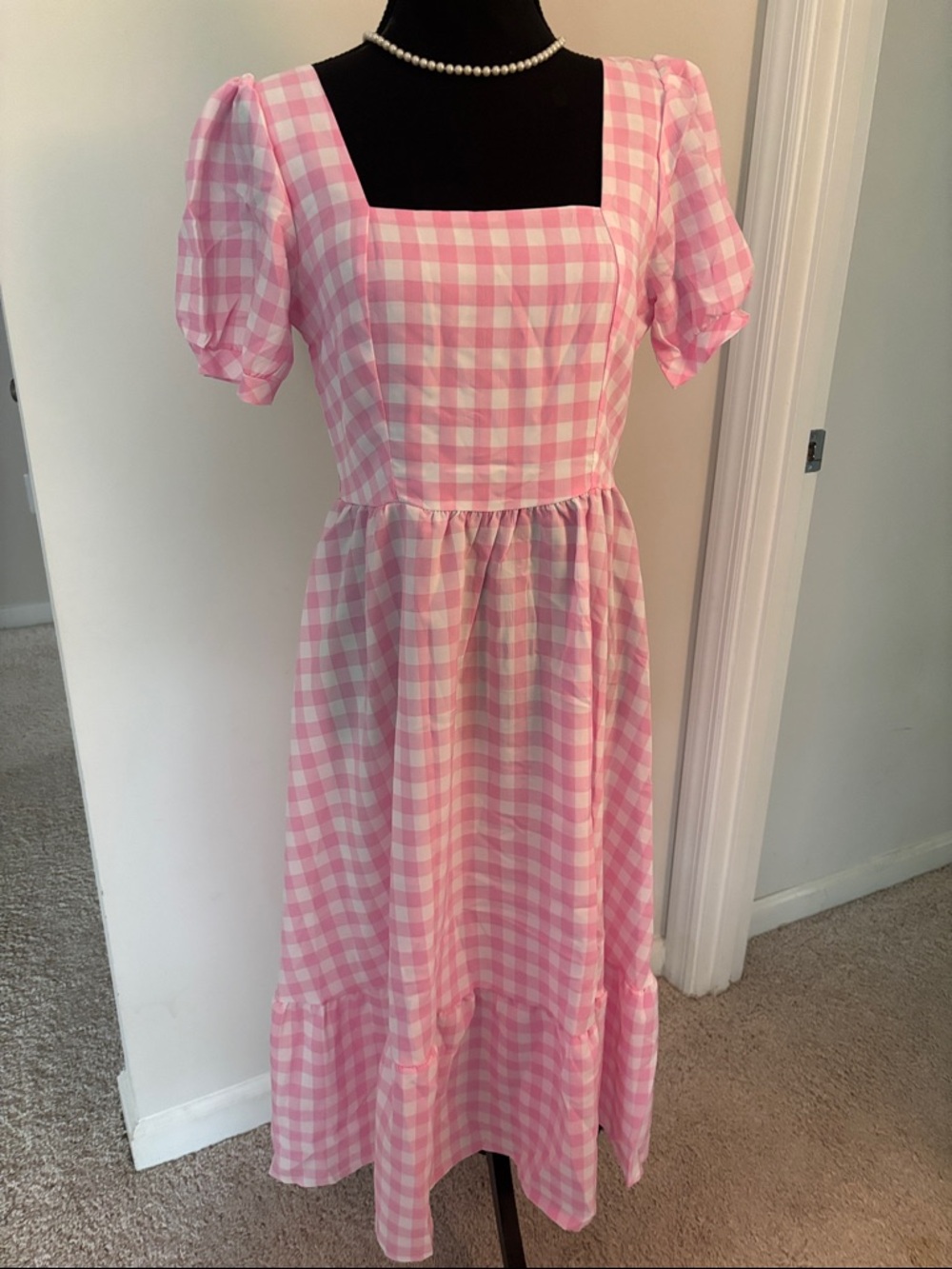 Pink Gingham Square-Neck Kids Dress